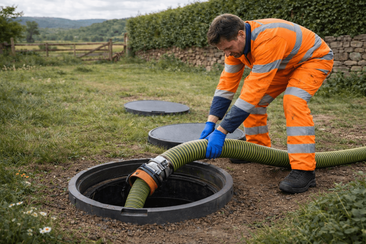 Professional engineer performing septic tank emptying service at a rural property in Yorkshire